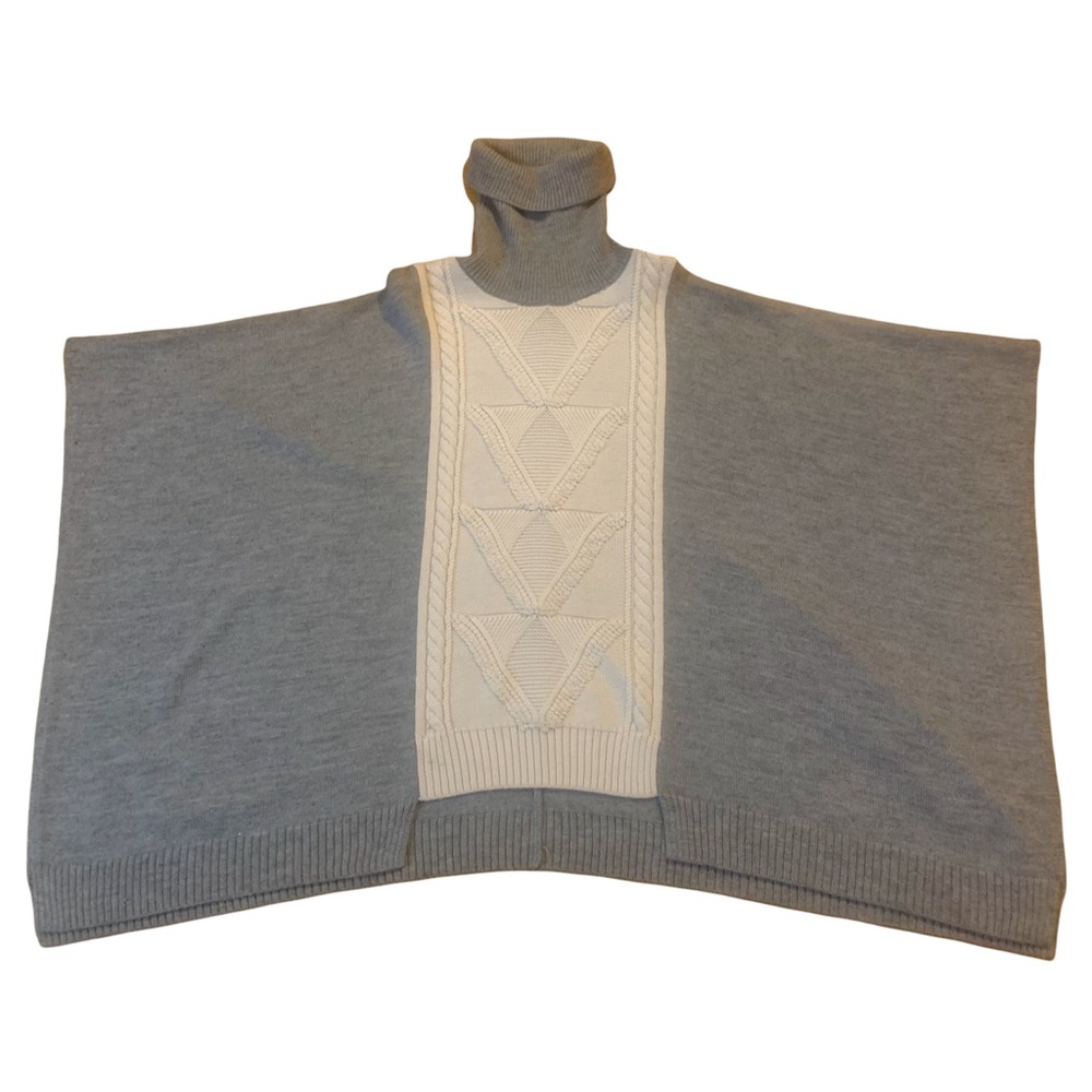 Women’s Wool Blend Chunky Knit Poncho Turtleneck Cream Grey One Size